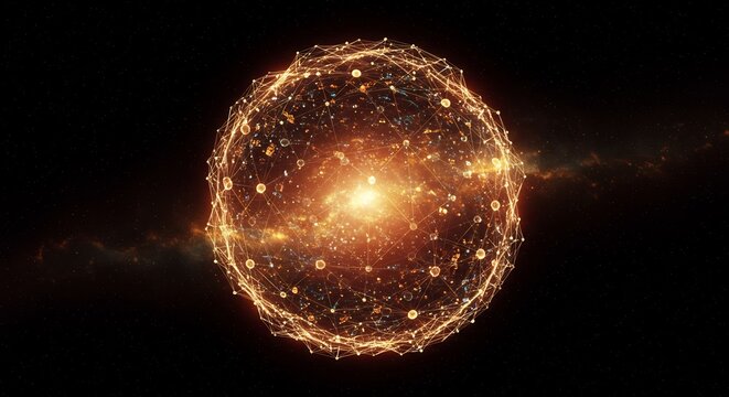 暗闇に浮かぶ高エネルギーの抽象的な光の球体が輝きデータ粒子が未来へ広がる. AI Generated