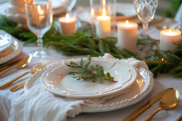 christmas table setting with candles and napkins