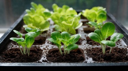 Black rectangular tray with six small green leafy plants growing in it. the tray is filled with soil and the plants are arranged in a grid-like pattern.