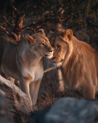 Obraz premium A pair of lions, their heads close, bathed in soft sunlight glow.