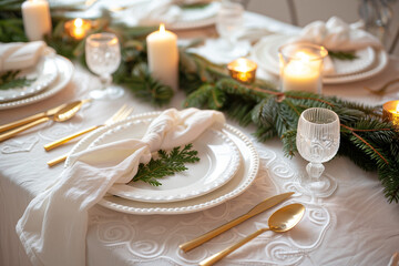 christmas table setting with candles and napkins