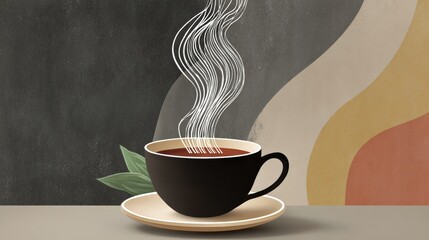 A cup of coffee is sitting on a saucer, with steam rising from the surface. The image has a warm, cozy feeling, evoking the idea of a relaxing morning or afternoon break