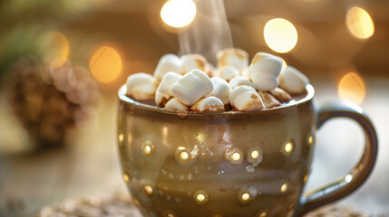 cup of hot chocolate with marshmallows and bokeh background
