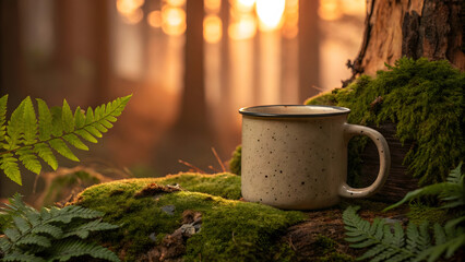 Speckled mug on mossy log in sunlit forest nature