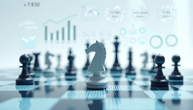 White knight stands prominently on futuristic digital chessboard. Blurred business data metrics, graphs, charts float above chess pieces. Conceptual image illustrates market competition, company