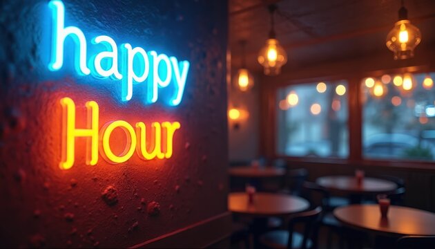 Blue and orange neon sign announces happy hour specials at an empty bar. Tables wait for friends in warm, ambient light. Nightlife atmosphere invites good times.