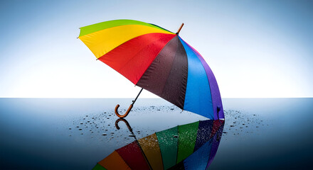 Bright Colorful Umbrella Raindrops Reflection Surface Water Weather Protection Rainy Season Climate Background