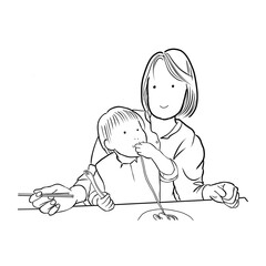 Monochrome line art illustration of a mother helping her young child eat pasta at the table, showing a gentle and nurturing mealtime moment 