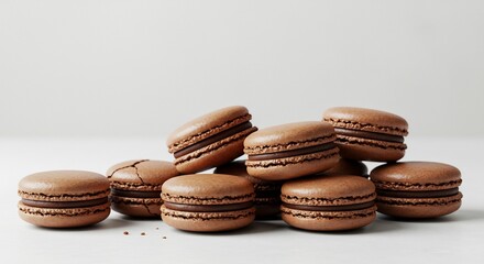 柔らかな自然光が美しく降り注ぐ清潔なミニマル空間で美しく積み上げられた濃厚なカカオ香るチョコレートマカロンは甘い誘惑で至福の時間へ. AI Generated