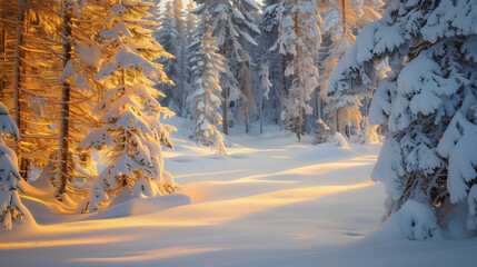 sunset in the snowy forest during forest