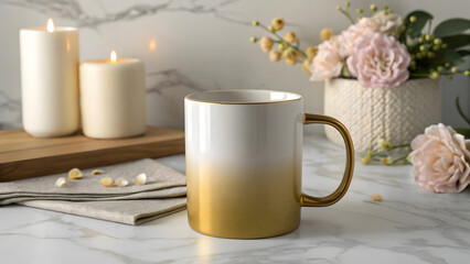 White and gold gradient mug on marble surface with candles