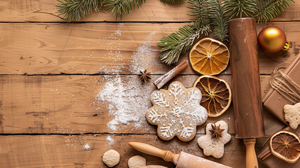 christmas cookies and spices on wooden board