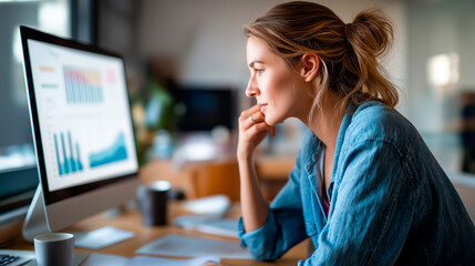 Young professional at desktop analyzing data faceless worker soft home office report creation scene data examination visual graph analysis workspace relaxed work environment