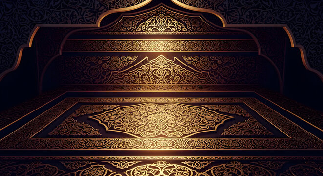 An ornate and intricately detailed Islamic architectural element, possibly a mihrab or decorative screen, bathed in warm, dramatic lighting.