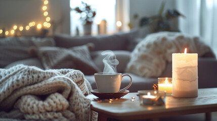 Christmas morning tea with decoration on the cozy table