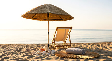 Sedimentary beach view with chairs, shells and towels under umbrella on sandy shore