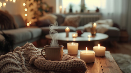 Christmas morning tea with decoration on the cozy table