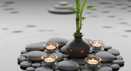 Zen still life featuring bamboo, pebbles, and candles, conveying relaxation and peace.