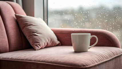 White ceramic coffee cup on dusty rose armchair by window