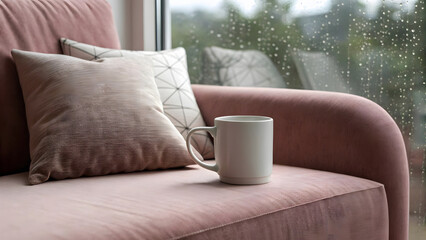White ceramic mug on dusty rose sofa by rainy window