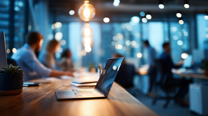 Flexible workspace with adaptable zones faceless employees defocused modern office remote option environment comfort workspace display location flexibility scene with copy