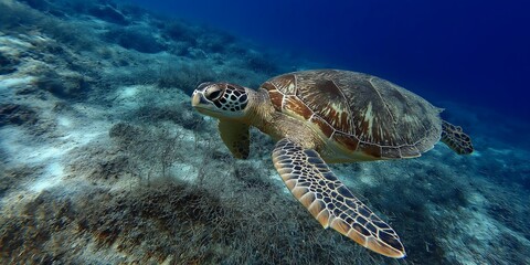 Sea Turtle Swimming in the Ocean, a Serene Underwater Encounter.