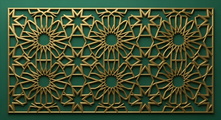 Intricate golden geometric pattern with floral and star-like elements on a green background.