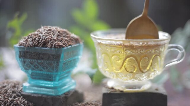 Herbal detoxifying drink i.e. Jeera water with some raw organic cumin in a glass bowl.
