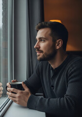 An atmospheric and cinematic portrait of a thoughtful man enjoying a quiet moment of reflection with a warm coffee by a window.