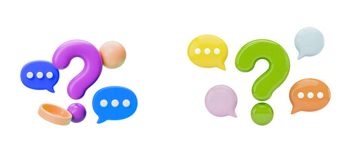 Colorful question marks with speech bubbles render design on transparent background