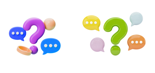 Colorful question marks with speech bubbles render design on transparent background