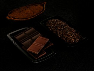 In a serene setting, dark chocolate bars rest next to cocoa nibs, surrounded by cocoa powder. The rich colors invite chocolate lovers to explore the artisanal process of fine chocolate making