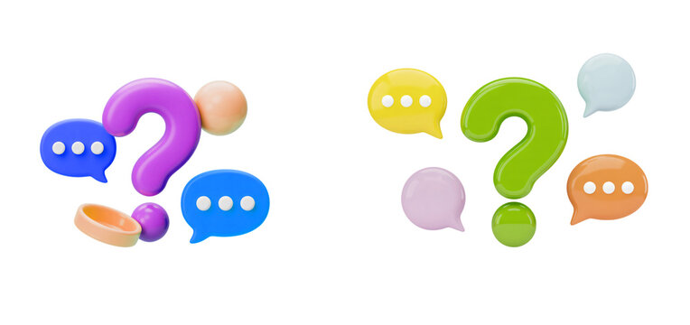 Colorful question marks with speech bubbles render design on transparent background - Powered by Adobe