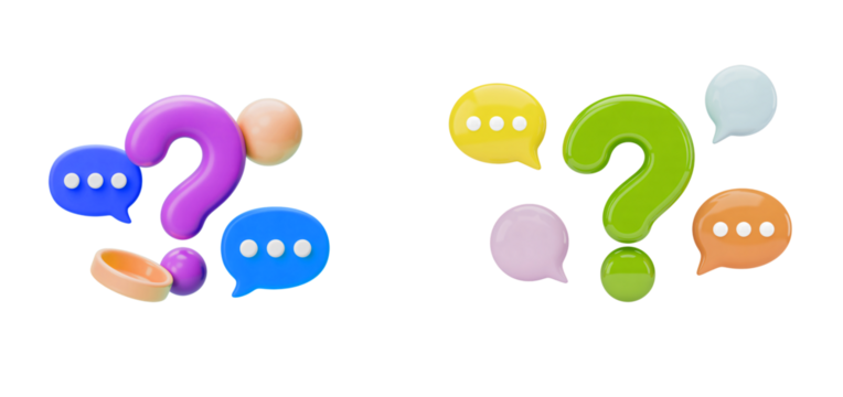 Colorful question marks with speech bubbles render design on transparent background