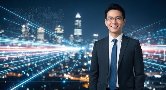 Confident Asian businessman smiles against a backdrop of a vibrant city skyline and abstract data streams representing modern technology and innovation