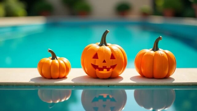 Three pumpkins sitting by the side of a swimming pool