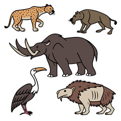 Naklejka premium Collection of extinct animals including a sabertoothed cat, a giant rhino, a ground sloth, a terror bird, and a deinotherium isolated on