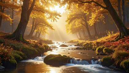 A breathtaking and serene fantasy landscape where a river of liquid gold light flows through a misty autumn forest.