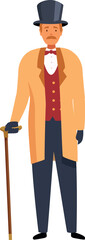 Victorian gentleman wearing elegant clothes, top hat and holding a walking cane