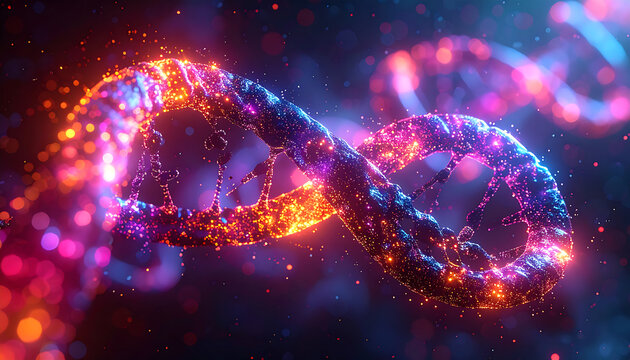 Abstract illustration of a DNA strand in vibrant colors and glowing effects, perfect for science, technology, and medical concepts.
