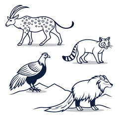Collection of wildlife animal illustrations isolated on, featuring addax, genet, pheasant, and raccoon dog in black and white