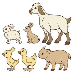 Illustration of cute farm animals including a goat, rabbits, chicks and ducklings isolated on for childrens books and educational materials