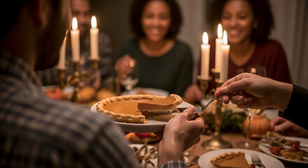 Intimate Moment of Serving Pumpkin Pie at Friendsgiving