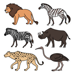 Illustration of wild african animals including a lion, zebras, rhinoceros, cheetah and ostrich isolated on for educational purposes