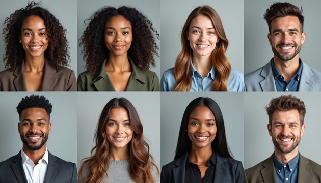 Eight different diverse smiling people in headshots organized in a grid. Adults of varied ethnicities and genders pose for portraits. Colleagues or employees shown with professional attire.