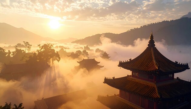 A serene landscape featuring traditional Asian temples nestled in misty mountains at sunrise, bathed in golden light.