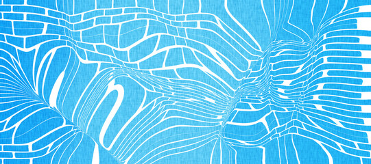 Abstract pattern with white, wavy lines against a textured blue background. The lines form fluid, curved shapes