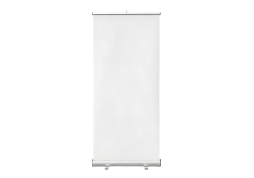 White Roll Up Banner Stand with Silver Base and Top Bar isolated on a transparent background display
