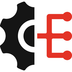 Abstract Graphic Represents Process Flow And Mechanical Gear Integration In Red And Black On White Transparent Background Symbolizing Efficiency And Engineering Solutions