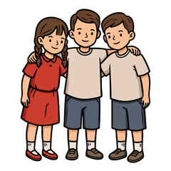 Fototapeta premium Three cheerful children standing together, smiling and enjoying friendship in a lively atmosphere 